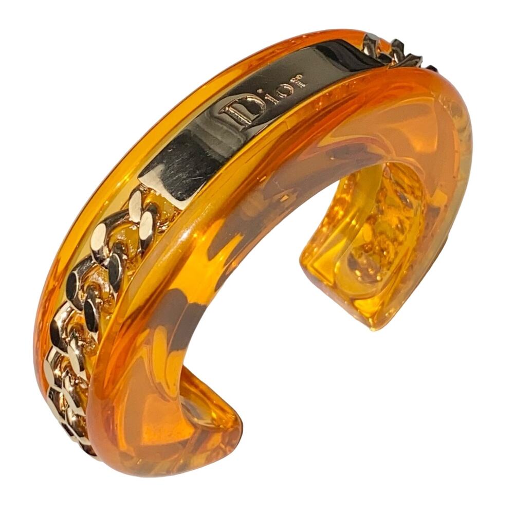 AUTH VTG Christian Dior Orange Lucite Gold Chain Nameplate Logo Cuff Bracelet - Picture 4 of 15